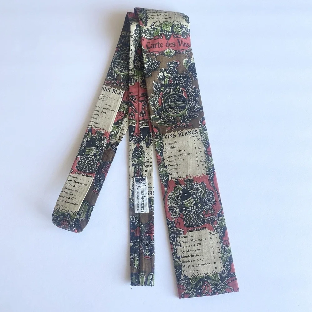 Vtg  Rooster  Square End Tie Carte des Vins French Wine List Hand Printed Cotton